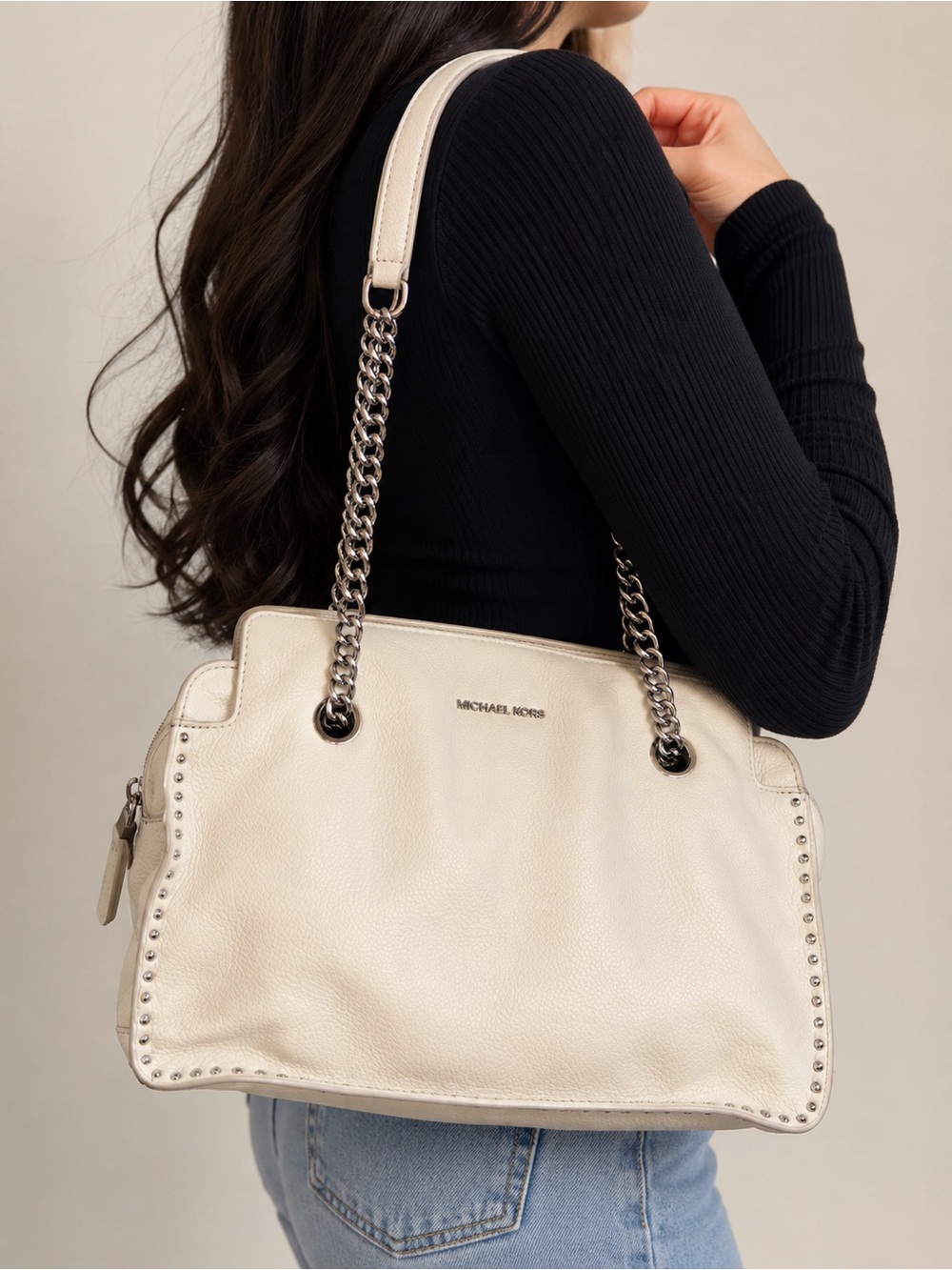 Michael Kors Astor Satchel silver studs along edges with chain shoulder strap